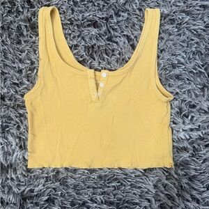 American Eagle Outfitters Ribbed Henley Cropped Tank - Mustard Yellow